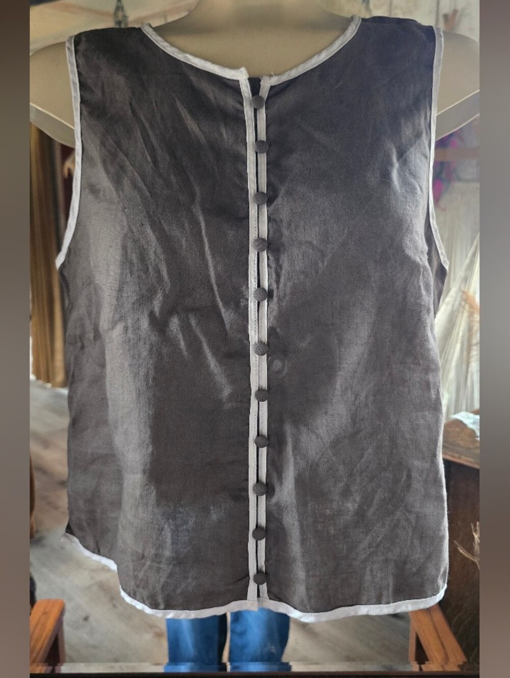 Tahari Charcoal Gray 100% Linen Button Vest Shell Top Contrast Piping Sz: Small